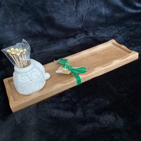 NWT MUD PIE WHITE CHRISTMAS SANTA TOOTHPICK WOODEN TRAY SET - Picture 2 of 7